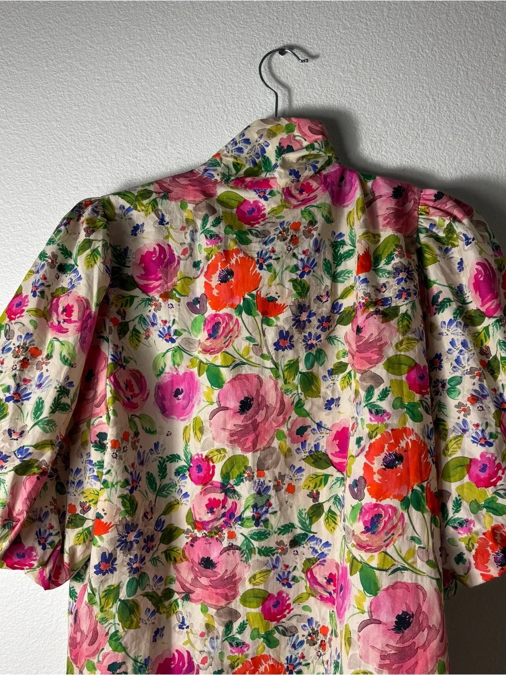 Zara Floral Tie-Neck Puff Sleeve Blouse in Pink, Green, Orange